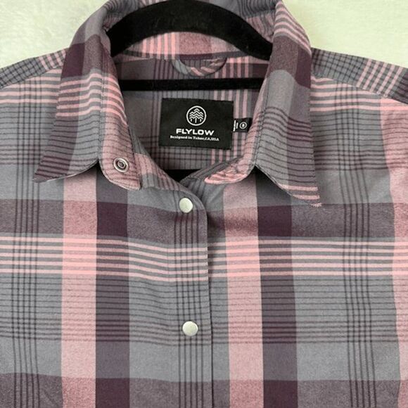 Flylow Brigette Tech Flannel in Shark Plaid Pink Purple Snap Close Size Small - Picture 2 of 13